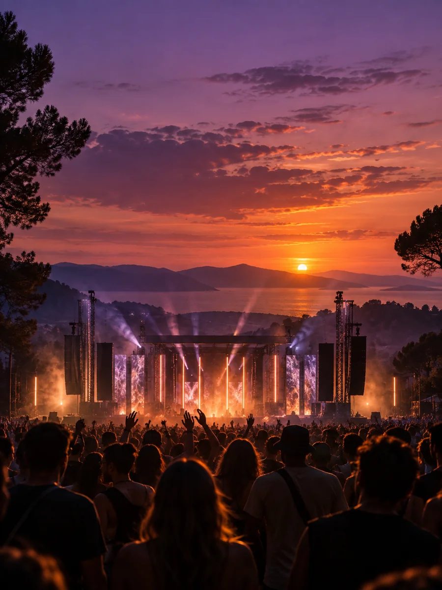 Illustration d’ambiance : festival en plein air au crépuscule